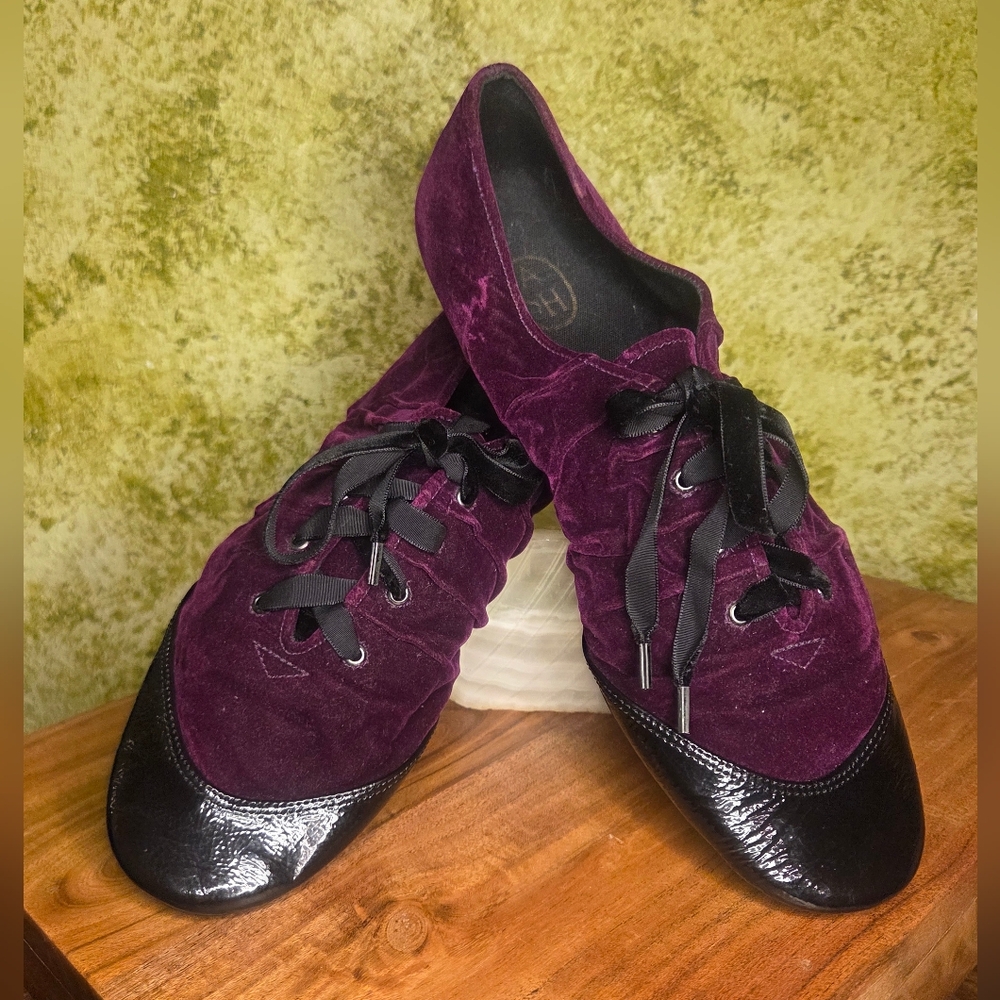 Vintage Ash "Limited A by A.S.H." Velvet Lace-Up Ruched Flats-Purple & Black